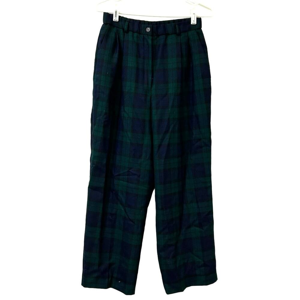 Pendleton Womens Sz 12 Petite 100% Wool Blue & Green Plaid Trouser Pants Holiday
